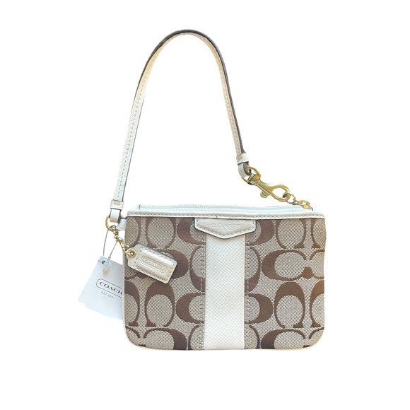 COACH Khaki/Ivory Signature C Canvas Leather Trim Gold Zip Wristlet Hang Tag NWT - Picture 3 of 8